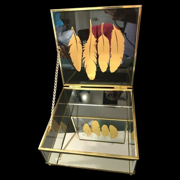 Feather Print Glass Trinket Box Vintage 90s Jewelry Gold Tone Western Bohemian - Picture 9 of 16